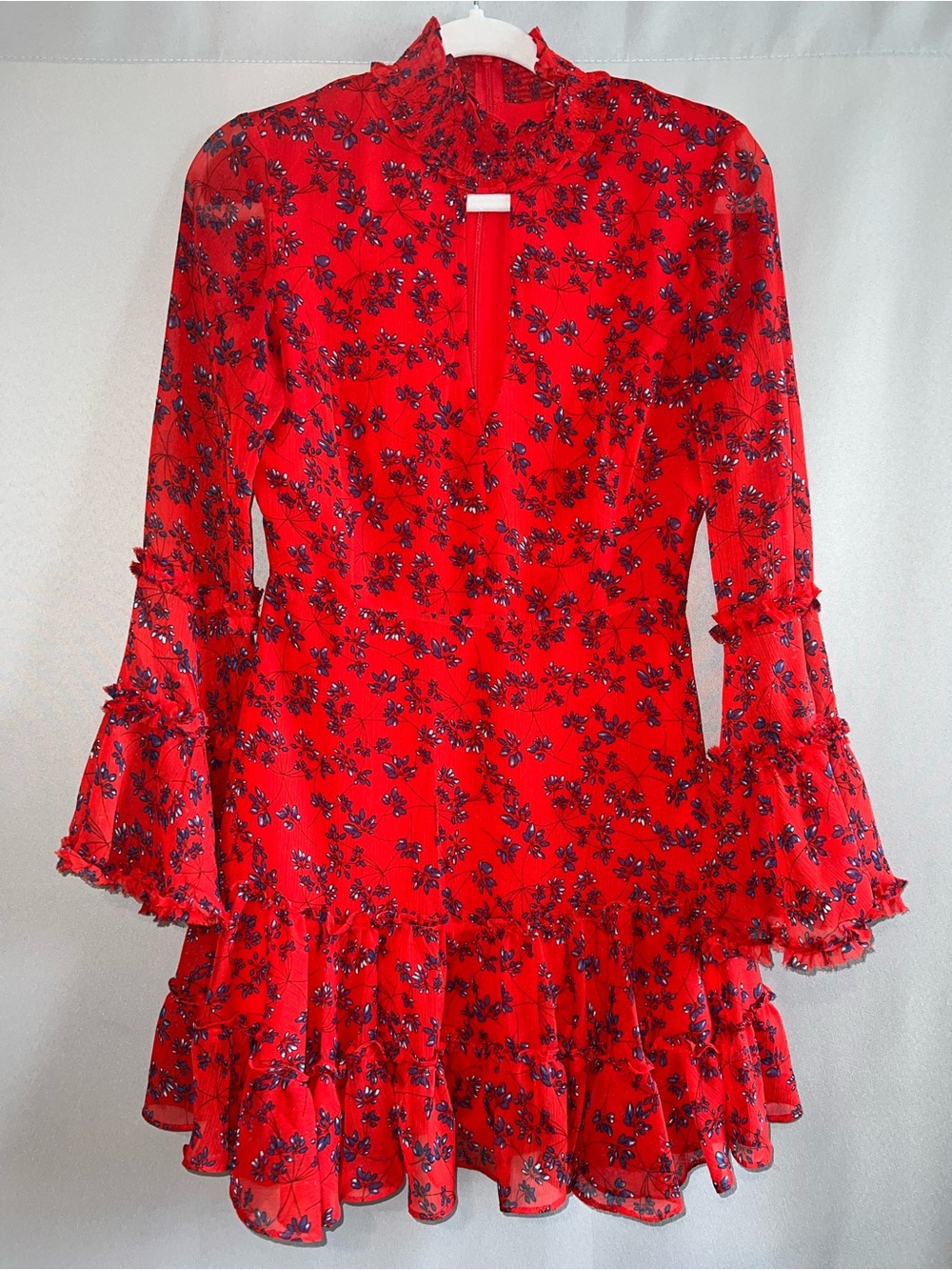 Bardot Red Floral Ruffle Mini Dress Tiered Long Bell Sleeve Keyhole US 4 XS
